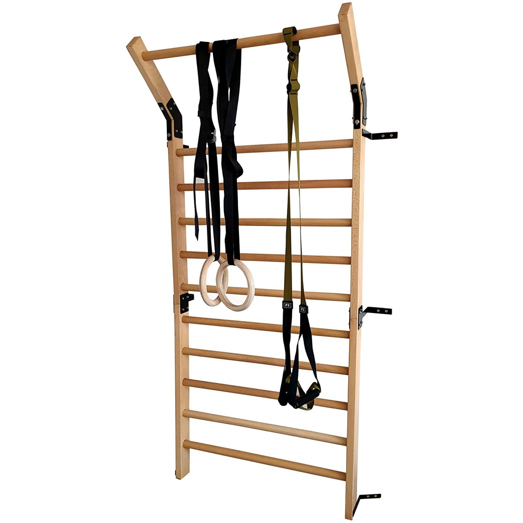 FC FUNCHEER Solid Beech Wood Stall Bar,Swedish Ladder bar with Gymnastic Rings Set and Suspension Training Set with 86.6 inches in Height and 35.5 inches Width,Gymnastic Ladder Wall bar-Pull Up bar