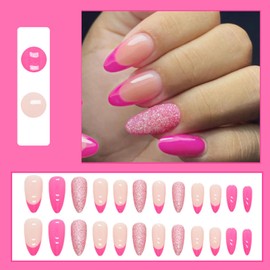 Pack of 24 Almond Nails for Sticking Short, Nude Pink French Artificial Fingernails Glitter Acrylic False Nails, Oval Full Cover Natural Press on Nails for Women Girls Nail Art Decoration