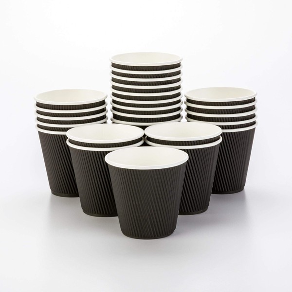 500-CT Disposable Black 8-OZ Hot Beverage Cups with Ripple Wall Design: No Need for Sleeves - Perfect for Cafes - Eco-Friendly Recyclable Paper - Insulated - Wholesale Takeout Coffee Cup