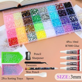 45000Pcs 32 Colors Jelly Resin Rhinestones for Bedazzling, 3mm Multicolor Flatback Gems for Crafting, All-in-One Bedazzler Kit with 4Pcs B7000 Jewelry Glue for Clothes Nail Diamond Art
