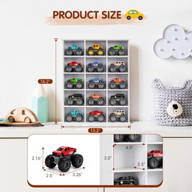 Krafetto Trucks Display Shelf, 15 Slot Toy Cars Display Case, Wall Mounted Toy Truck Storage Organizer Holder