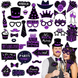 HOWAF 36pcs Birthday Photo Booth Props Glitter Purple Gold Photo Props Kits Party Decoration for 16th 18th Men Women Happy Birthday Photo Props Favor, Purple Funny Birthday Party Prop Pose Sign