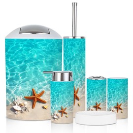 XNGJEMVWXO Bathroom Accessory Set 6 Piece Starfish Seashell Summer Beach sea Water Summer Toothbrush Holder, Toothbrush Cup, Soap Dispenser, Soap Dish, Toilet Brush Holder, Trash can