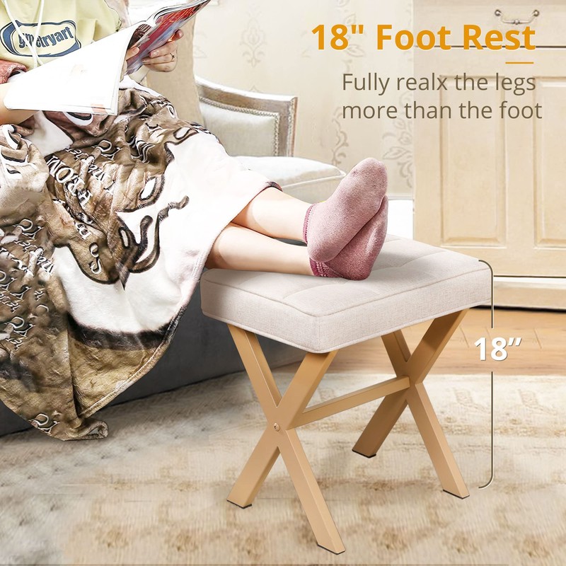 LUE BONA Square Linen Makeup Stool, Metal X Legs, Small