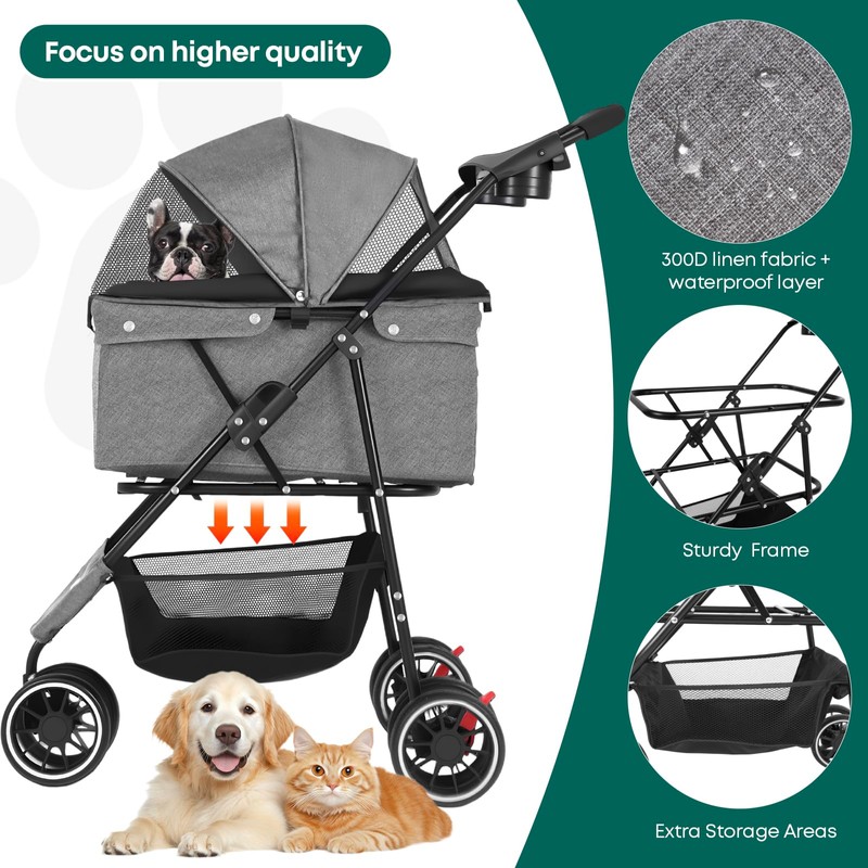 Pet Stroller,Dog Stroller for Small Medium Dogs Cats,3 Wheels,Foldable,with Breathable