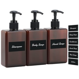 Segus Soap Dispenser, Pack of 3, 280 ml Pump Bottle, Shampoo Bottles for Filling, Soap Dispenser Plastic for Shampoo, Conditioner, Body Soap, Shampoo Dispenser with Sticker, Amber