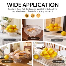 Neoflavie Glass Fruit Bowl,Large Decorative Glass Bowl,Decorative Pedestal Bowl for Fruit Snacks Candy,Fruit Bowl for Kitchen Counter Decor,Home Decor,Table Décor (Clear Ribbed Texture)