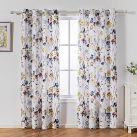 MYSKY HOME Floral Curtains for Living Room 84 Inch Length 2 Panels Set Light Filtering Thermal Insulated Soft for Dining Room Farmhouse Leaf Grommet Curtains Home Decoration, Each 52 Inch Wide, Yellow