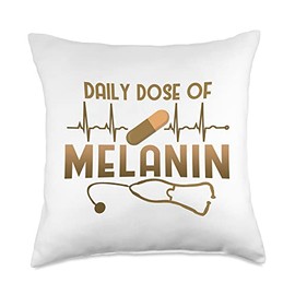 Black History Month Everyday Juneteenth Daily Dose of Melanin Black Nurse Heartbeat African American Throw Pillow, 18x18, Multicolor