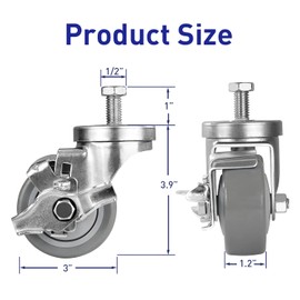 NINOSO 3 inch Threaded Stem Casters with Brake, Polyurethane Heavy Duty Casters Set of 4, 360 Degree Rotation, No Noise Locking Swivel Castors, 1000 LB Total Capacity