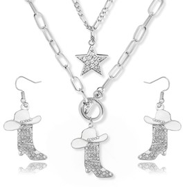 Aswitnove 2 Pcs Cowgirl Necklace Earrings Western Jewelry Set for Women, Sparkly Rhinestone Stacked Cowboy Enamel Hat Boot Star Choker Western Earrings Necklace Country Jewelry for Women White