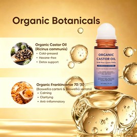 Jianeil Organic Castor Oil with Rose Quartz Roller, 100% Pure Cold-Pressed, Organic Castor Oil Roll On Rose Quartz, Hexane-Free,Amber Glass Bottle for Skin 1.7oz (1 PCS)