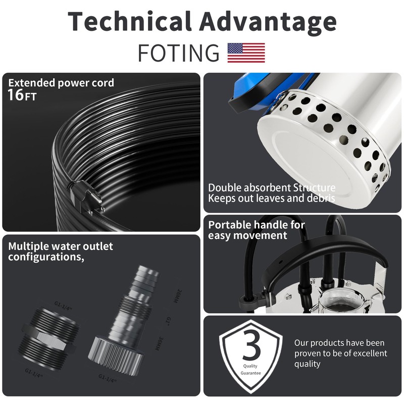 FOTING Full 304 Stainless Steel Sump Pump with Float Switch