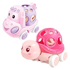 ONEST 2 Pieces Baby Toy Cars for Babies, Infant Soft Rubber Push and Go Toy Car for Toddler Girl, Rattle Roll Truck Wind Up Cars for Infants Gift, Pink Car Toys for Baby Boys Girls Gift