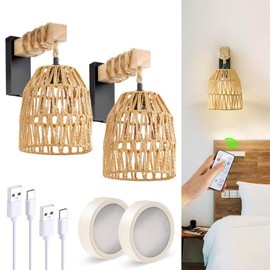 Espossi Battery Operated Wall Sconce, Rechargeable Wall Sconce with Remote Control, Boho Rattan Wall Sconces, Wireless Sconces Set of 2 for Bedroom, Living Room, Entryway