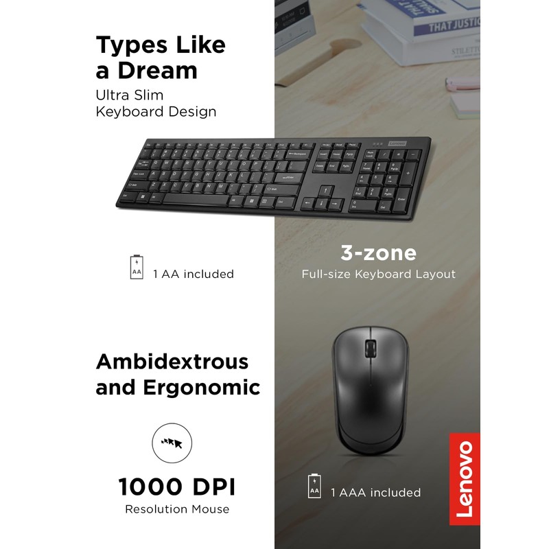 Lenovo 100 Wireless Keyboard and Mouse Combo – Cordless Set