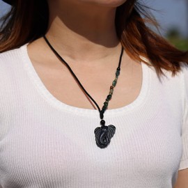 Wizock Moss Agate Chain/Black Obsidian Elephant Pendant Necklace Crystals and Stones Necklaces for Women Good Luck Fortune Wealth Gifts for Mom (Big Ear Elephant)