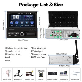 SIXTOP Single Din Car Stereo with Wireless Carplay Android Auto FM/RDS Receiver 7 inch Flip Out Touchscreen Auto Retractable Screen Bluetooth TF USB AUX Mirror Link for Android iOS + MIC&Backup Camera