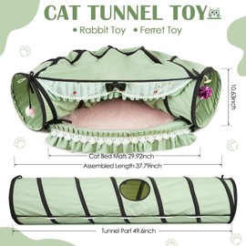 Cat Tunnel Toy Bed 2-in-1, Collapsible Cat Tunnels Tubes Toys with Washable Removable Mat Beds for Indoor Pet Cats Kittens Matcha