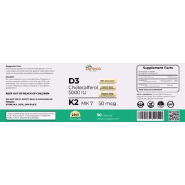 ZAFINCO Vitamin D3-K2-5000 IU Cholecalferol with 110 mcg Vitamin-MK7, Dietary Supplement