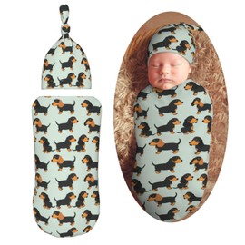 Muishi Cartoon Dachshund Puppy Dogs Newborn Swaddle Blankets Hat Sets Soft Baby Receiving Blanket Swaddle Sack for Baby Shower Infant Boy Girl Gift