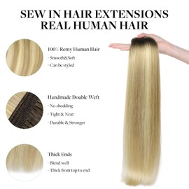 DOORES Sew in Hair Extensions Real Human Hair, Light Ash Brown to Light Blonde Highlighted Golden Blonde 22 Inch 110g, Hand Tied Weft Hair Extensions Human Hair long Straight