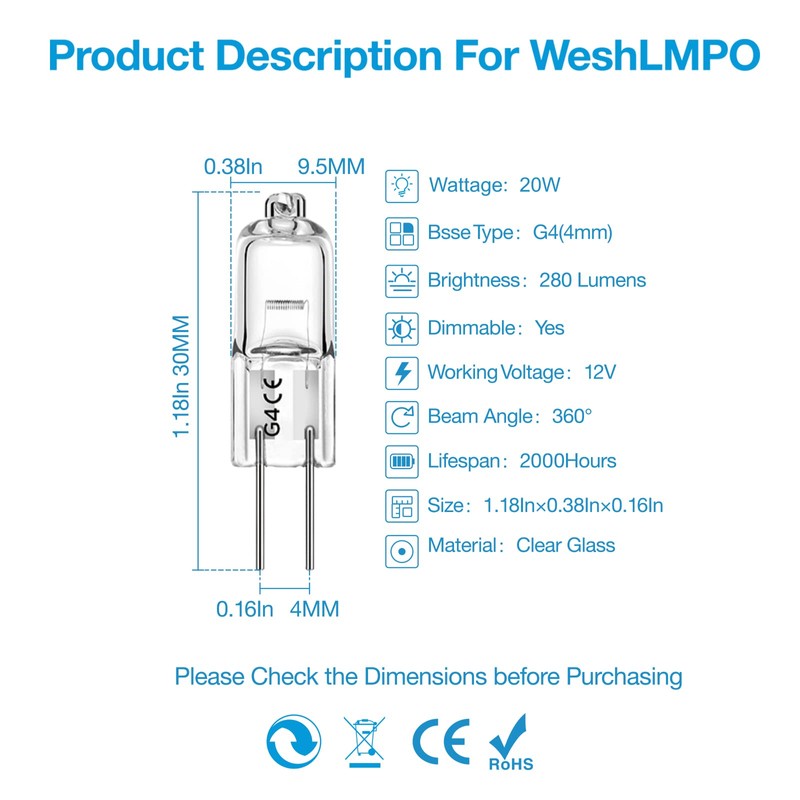 WeshLMPO G4 Bulb,12V 20W Halogen Light Bulbs 2 Pin,G4 Light