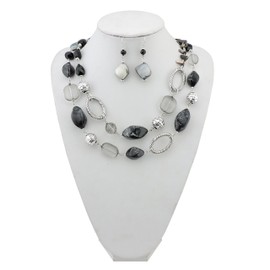 BOCAR 2 Strand Statement Choker Shell Necklace and Earring Set for Women Gift (black)