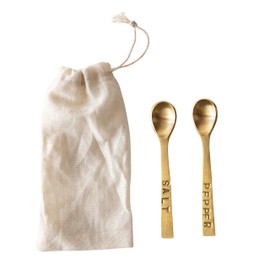 Metal "Salt" & "Pepper" Spoons in Drawstring Bag, Brass Finish, Set of 2