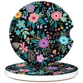 sndheke Car Cup Holder Coaster for Drinks, 2 Pack Car Coasters for Cup Holder, Colorful Flowers and Plants Anti-Slip Absorbent Ceramic Car Cup Coasters with Cork Base for Drinks Coffee Women Men 2.56"