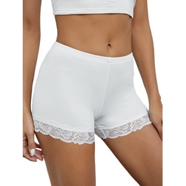 MakeMeChic Women's Lace Trim Seamless Biker Shorts Short Leggings Undershorts, White, Medium