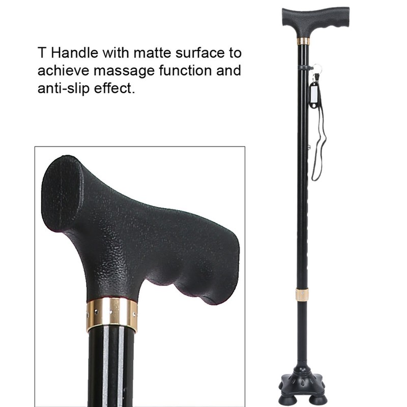 Height Adjustable Aluminum Alloy Cane with T Handle 4-pronged Pivot
