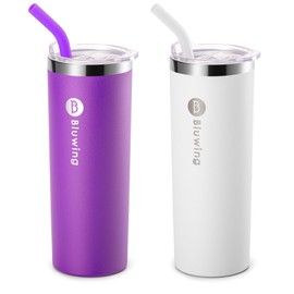 Bluwing 20 oz Stainless Steel Skinny Tumbler 2 Pack Leak Proof Insulated Coffee Cup Tumblers with Straw, DIY Birthday Gift (Purple-White)