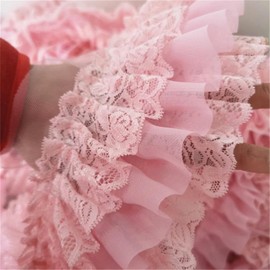HIQIU 100 cm Lace Trim Pink Chiffon Ruffle Ribbon Lace Trim 3 Layer Pleated Lace Ribbon DIY Sewing Dress Clothing Border Trim Decor 3.94 Inches Width