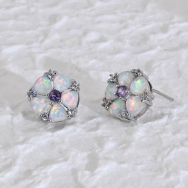 Opal Earrings Sterling Silver Stud Earrings Flower Earrings with Small Amethyst Earrings and Little White Crystal Gifts for Women Friends