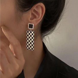 Erimberate Bohemian Black White Striped Dangle Earrings Square Checkered Drop Earrings Large Square Striped Checkered Earrings Geometric Acrylic Checkered Stud Earrings Jewelry for Women