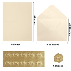 50 Pack Small Envelopes Colored Tiny Seed Envelope A7 Invitation Envelopes 5x7 with Gold Stickers for Cards and Invitations, 5 Colors (Cream)