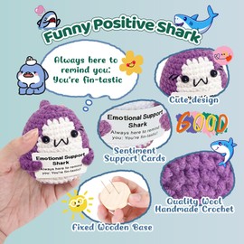 AicooFest Positive Crochet Animals Emotional Support Shark Decor Gifts Homemade Funny Emotional Support Plush Knitted Doll with Positive Card for Women Men Birthday Xmas Purple(Purple)