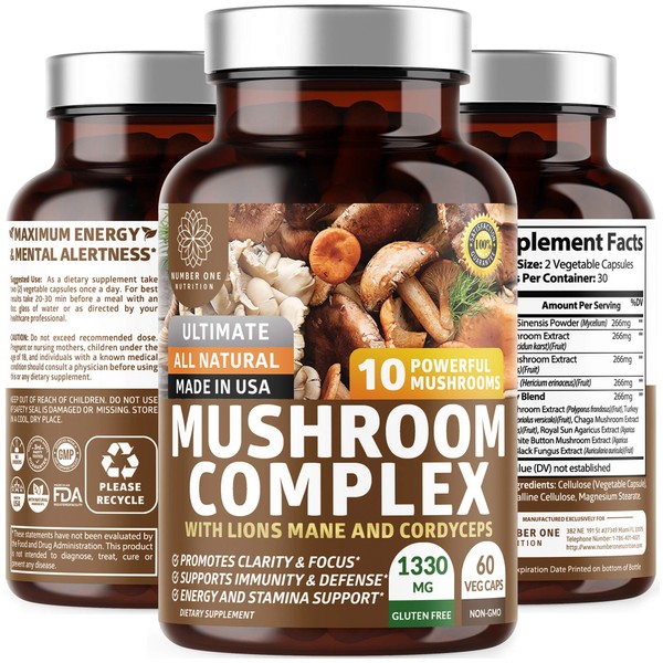 N1N Premium Mushroom Complex [10X Powerful Mushrooms] with Reishi, Lions Mane, Cordyceps, Chaga, Turkey Tail and Maitake to Support Health, Brain Functions and Energy Levels, 60 Veg Caps