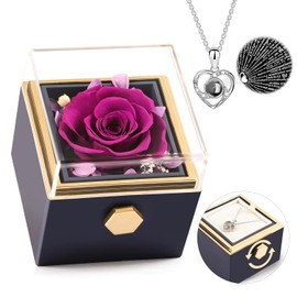 Caja giratoria de rosa real morada con collar I Love You, 100 idiomas, flor eterna para entregar, el día de la madre para su mujer, mamá, esposa, novia