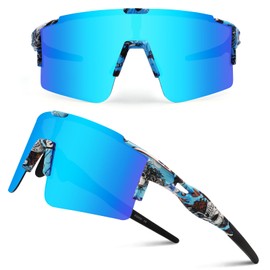 DUDUKING Sunglasses Cycling Glasses Men Women Water Transfer Printing Sports Glasses Cycling Glasses for Outdoor Sports Cycling Running Golf UV 400 Protection Baseball Glasses (Water Transfer Blue)