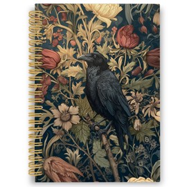 XPH William Morris Crow Spiral Notebook, Dark Cottagecore Journaling Notebooks for Note Taking, Vintage Floral Raven Hardcover Journal for Writing 160 Pages 5.5 x 8.3 Inch, Crow Gifts for Women