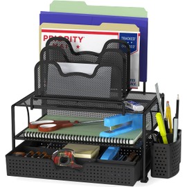 Simple Houseware Mesh Desk Organizer with Sliding Drawer, Double Tray and 5 Stacking Sorter Sections, Black