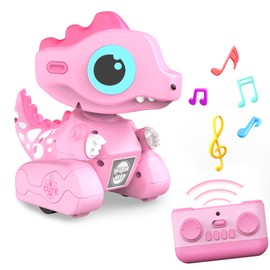 YUAN PLAN Remote Control Robot Dinosaur Toys, Dinosaur Toys for Kids, Robot Toy with LED Light Eyes, Auto-Demo, Recording, Repeat, 360 Degree Rotation, Singing for Girls Boys Age 3 Years and Up, Pink