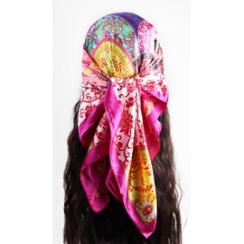 vabovin 35'' Satin Silk Headscarf, Elegant Neck Scarf Tie Curly Hair Headband Bandana for Women (Classic Retro Printed Hot Pink)