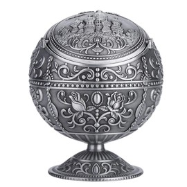 Ashtray with Lids, Windproof Ashtray Metal Vintage Ashtray Round Ball Stamped Pattern Unique Ashtray for Home Office Tabletop Decoration(Silver)