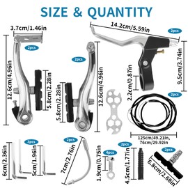 KAHOUI Bicycle Brake Set, V Brake Front Rear Full Aluminium Bicycle Brakes with Brake Cable Brake Lever Brake Pads Brakes Bicycle Silver Universal for Mountain Bike City Bike Folding Bikes