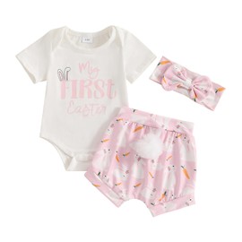 M9ppzzur7 My First Easter Outfit Baby Girls Letter Print Romper and Rabbit Tail Shorts + Headband Set Clothes (Pink, 0-3 Months)