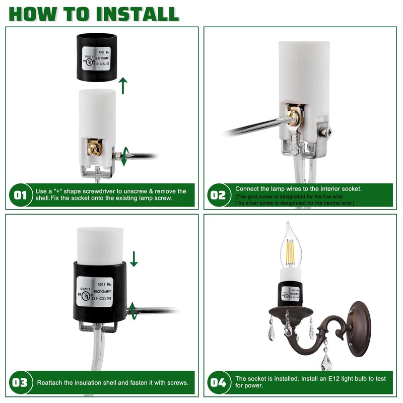 E12 Socket,Ceramic Candelabra Socket E12 Bulb Lamp Holder, Screw Fixing