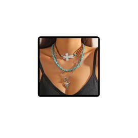 Danshinbow Layered Turquoise Stone Beads Choker Bullhead Boots Pendant Necklace Peadant Jewellery Adjustable for Women, Metal, No Gemstone